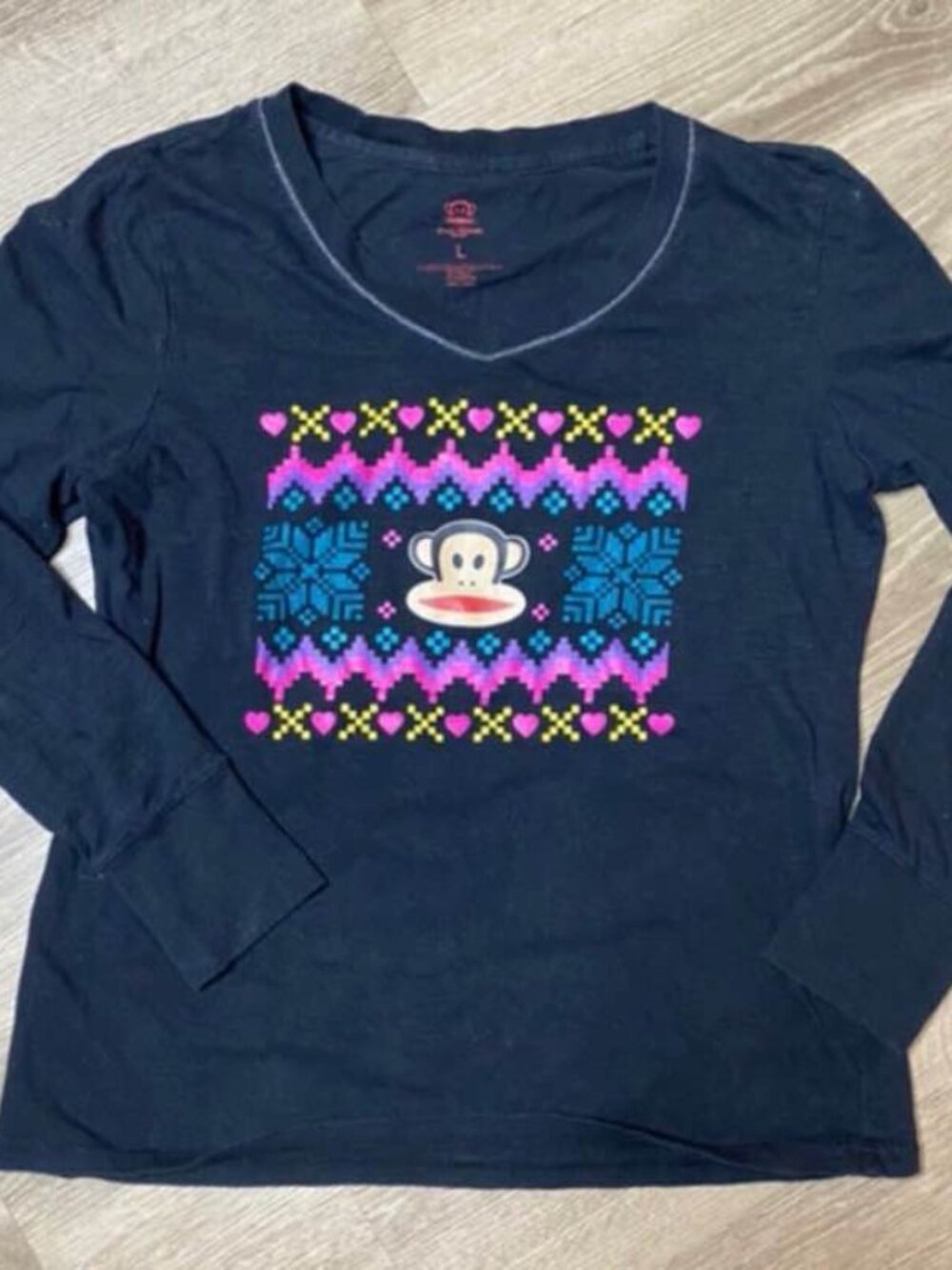 Paul Frank Julius Monkey L/S V-Neck Top Size Large Black Multi-Colored Graphic